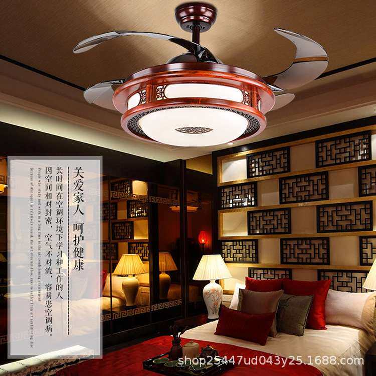 2023新中式隐形吊扇灯餐厅LED复古客厅家用静音电风扇吊一件代发