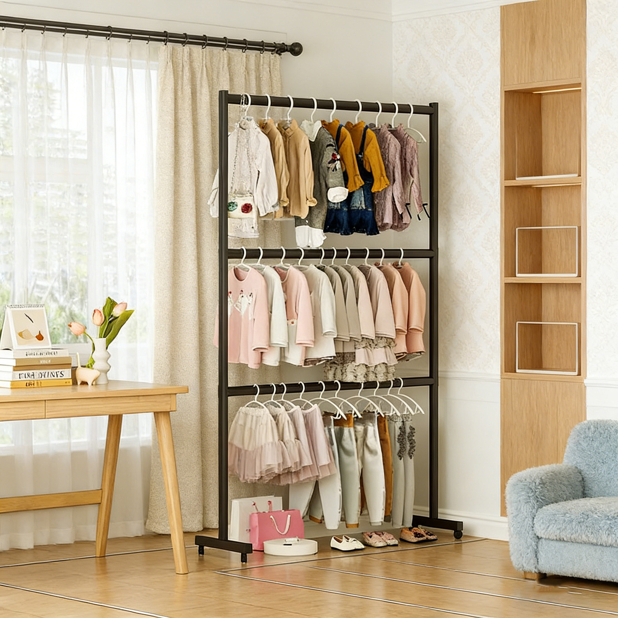 儿童三层挂衣架家用卧室可移动铁艺衣帽架不占空间收纳衣服架子,住宅家具,儿童衣帽架,淘宝优惠券,粉丝福利购,淘宝优惠卷