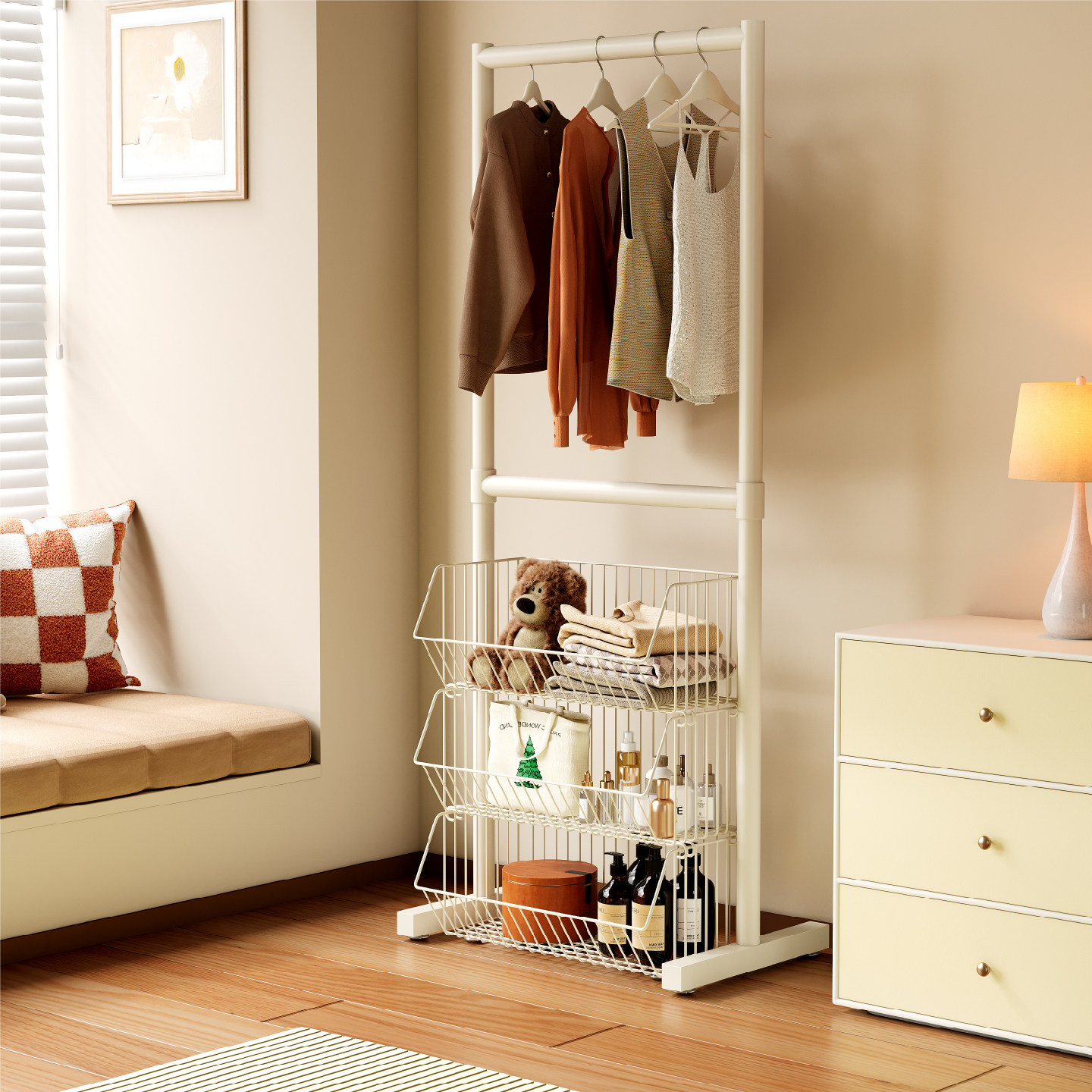 飘窗挂衣架家用卧室衣帽架小型挂衣服架带收纳篮多功能收纳置物架,收纳整理,衣帽架,淘宝优惠券,粉丝福利购,淘宝优惠卷