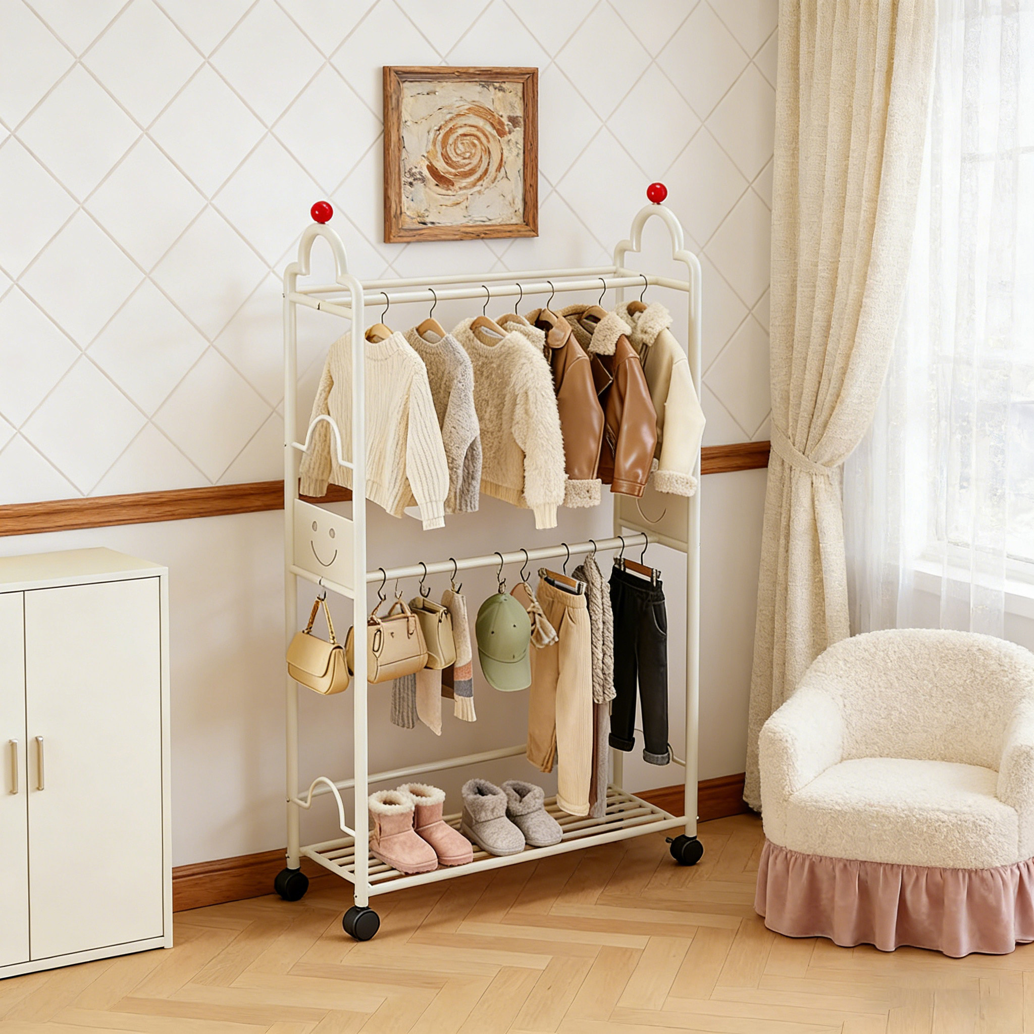 儿童落地衣帽架卧室客厅床边可移动挂衣架双层收纳置物放衣服架子,住宅家具,衣帽架,淘宝优惠券,粉丝福利购,淘宝优惠卷