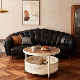 中古风轻奢岩板客厅茶几小户型家用圆形带轮网红可移动小推车茶几