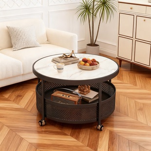 边几意式极简岩板茶几小户型客厅家用圆形中古风可移动小推车边几