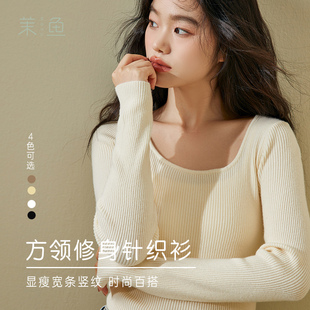 新款 方领修身 百内搭2025秋冬季 毛衣长袖 上衣女 显瘦复古针织打底衫