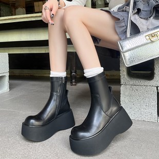 英伦辣妹街头时髦百搭松糕厚底时装 简约轻熟素面短靴 靴2024秋新款