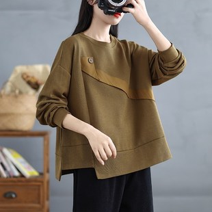 圆领卫衣女秋冬2024新款 欧货设计感拼接撞色贴布宽松内搭上衣 爆款