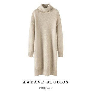 优雅保暖高领羊绒衫 100纯羊绒毛衣针织连衣裙子宽松加厚 女中长款
