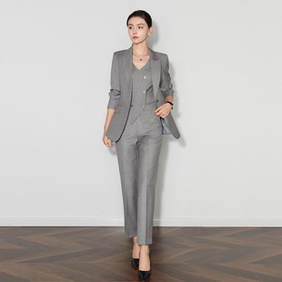 女精纺羊毛灰色工作装 2024秋冬新款 套装 西装 马甲三件套女 职业正装