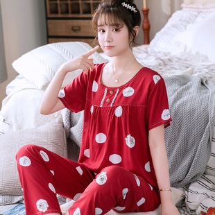 薄款 可外穿春秋家居服大码 可爱绵绸套装 长裤 短袖 棉绸睡衣女士夏季