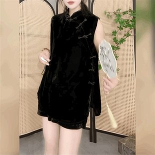 丝绒中长版 叉上衣短裤 无袖 立领盘扣开 两 上衣套装 覆古新中式