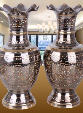 巴基斯坦铜器手工精雕彩点米尔花瓶仿古金属黄铜花瓶中式家装摆设