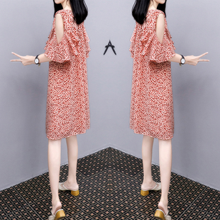 宽松显瘦大码 红色碎花露肩雪纺裙中长款 遮肉连衣裙女 新款 2021夏季