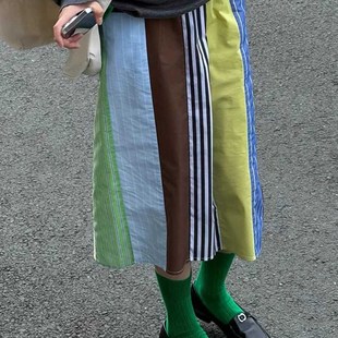 高腰显瘦气质百搭时尚 新款 长裙 条纹印花撞色半身裙女夏季 小众个性
