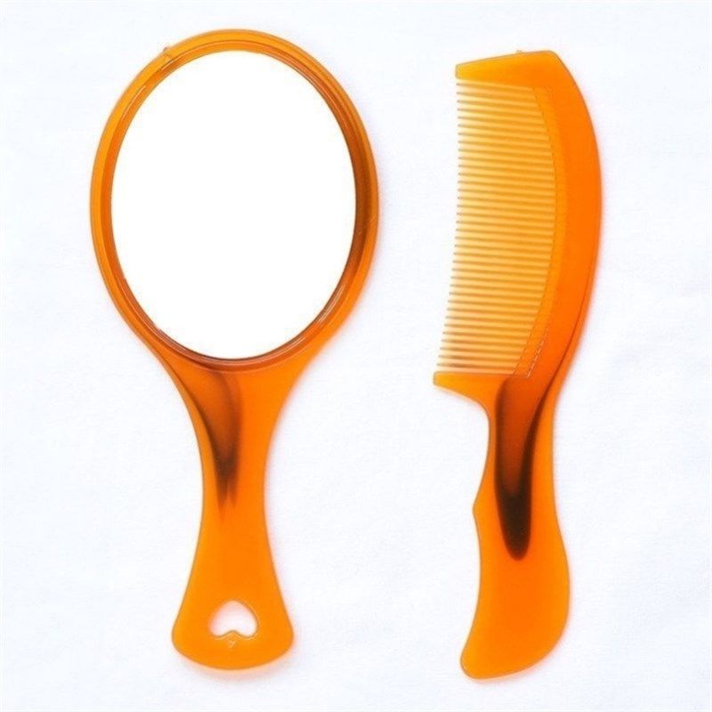 [开学]大号镜梳套装便携式牛津化妆镜子带手柄男女通用