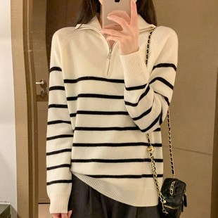 修身 宽松和多才多艺 长 妇女 新秋冬半拉链翻领条纹开司米针织衫