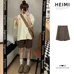 阔腿黑色五分裤 卡其色西装 高腰垂感直筒a字中裤 女夏薄款 子潮 短裤