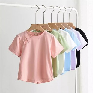 宝宝国潮风收腰圆领半袖 洋气童装 T恤衫 儿童女童纯棉白色短袖 夏款
