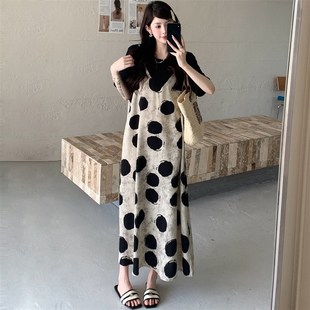 宽松度假风别致波点假两件吊带连衣裙显瘦裙子 夏新款 胖mm大码 女装
