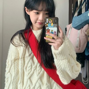 加厚版!慵懒风白色麻花套头毛衣女秋冬新款韩版宽松长袖针织衫潮