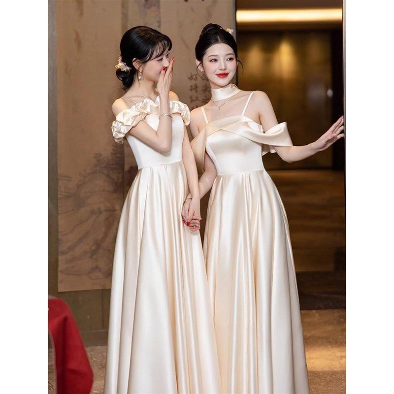 香槟色缎面伴娘服长款2025新款仙气质闺蜜团礼服裙平时可穿显瘦夏
