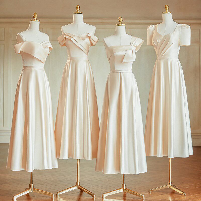 缎面伴娘服平时可穿2024新款秋冬香槟色法式姐妹团婚礼小众高级感