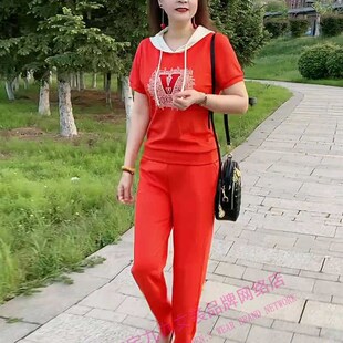 连帽卫衣长裤 时尚 减龄显瘦印花短袖 女士夏季 两件套 休闲运动套装