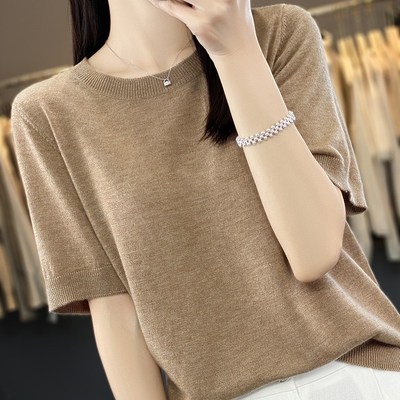 超细羊毛短袖针织T恤女宽松圆领上衣2024新款空调房薄款打底小衫