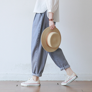 韩版 休闲老爹裤 文艺宽松大码 女式 子 条纹棉哈伦长裤 2025春夏新款