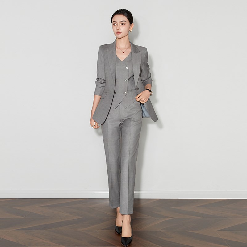 2024秋冬新款职业正装西装套装女精纺羊毛灰色工作装马甲三件套女