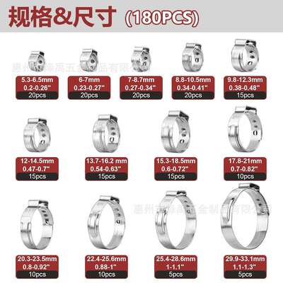 跨境180PCS盒装 304不锈钢单耳无极卡箍喉箍抱箍软管夹组合装