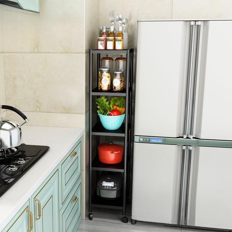 不锈钢厨房夹缝置物架落地多层超窄冰箱缝隙架带轮子放锅架收纳柜