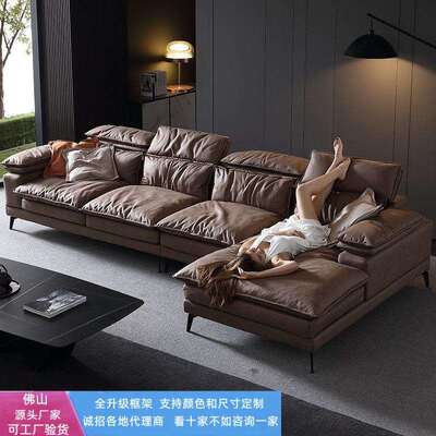 免洗布艺沙发中古风客厅复古焦糖色直排多人位转角科技布沙发组合