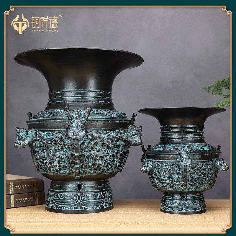 商代青铜器仿古摆件龙虎尊酒器古玩收藏博物馆复制办公桌创意摆件