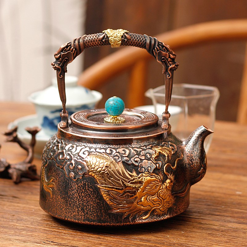 云中游龙鎏金纯紫铜壶宫廷风纯手工錾刻烧水煮茶壶加厚高端茶道具