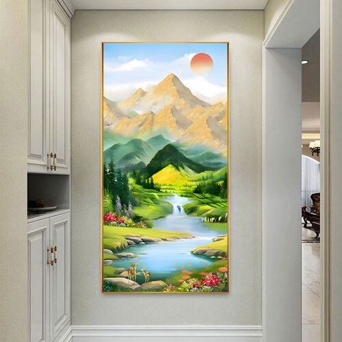 青山绿水挂画东西墙客厅玄关装饰画日照金山聚宝盆绿色风景背景图
