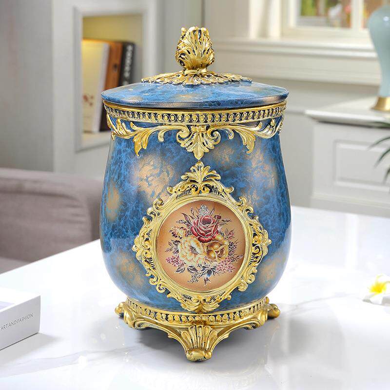 欧式客厅纸篓垃圾桶带盖轻奢高档家用装饰品美式树脂收纳桶摆件