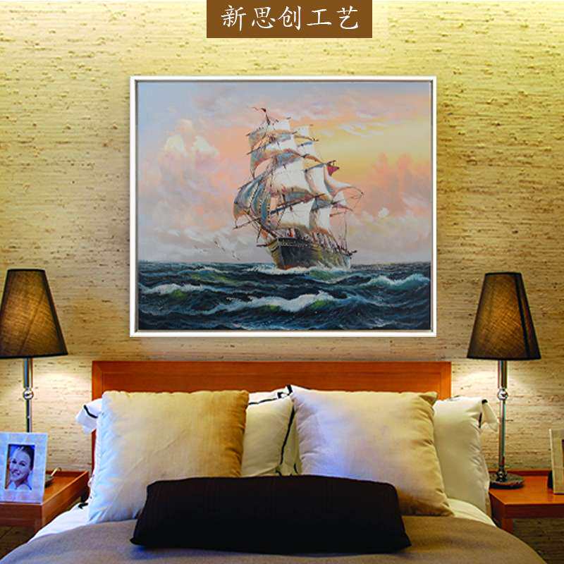 油画现货地中海纯手绘装饰画带框酒店海景风景帆船挂画厂家直销