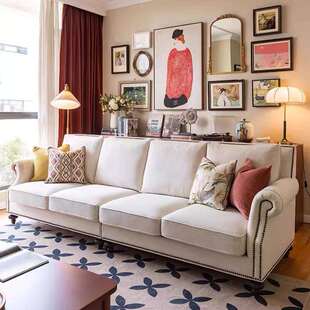 美式沙发乡村复古简约布艺小户型客厅直排三人位四人位坐垫可拆洗