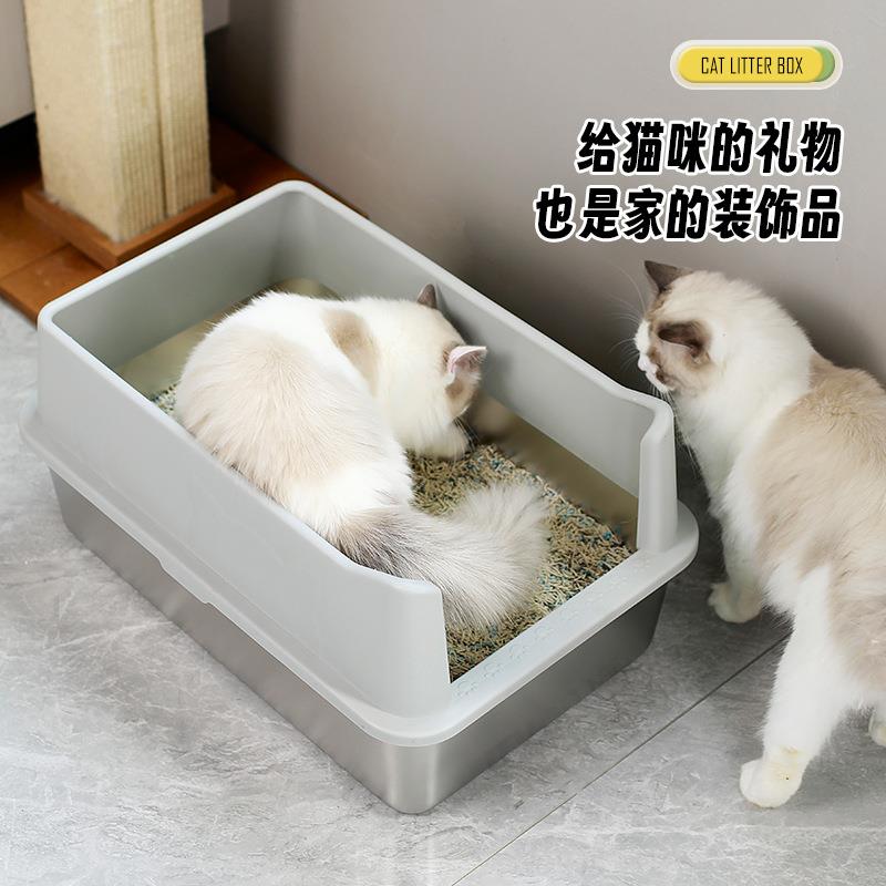 不锈钢猫砂盆大号加高围栏防溅半封闭式特大加厚巨型猫厕所猫屎盆