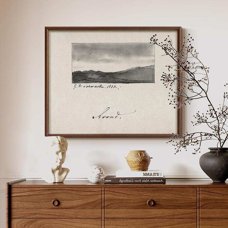 素描远山》法式复古黑白风景装饰画客餐厅中古风美式玄关艺术挂画