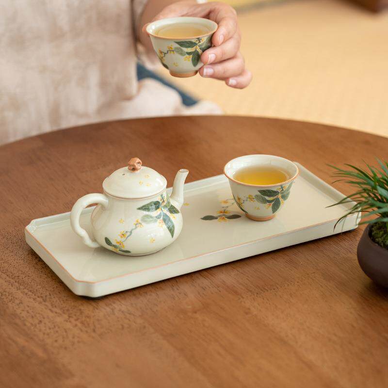 冰台手绘桂花小茶盘托盘长方形干泡盘茶杯放置盘陶瓷台家用茶具