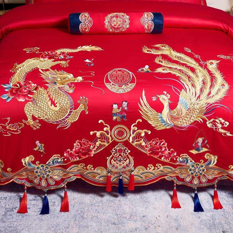 高端纯棉120支长绒棉婚庆四件套龙凤刺绣结婚床品陪嫁喜被大红色