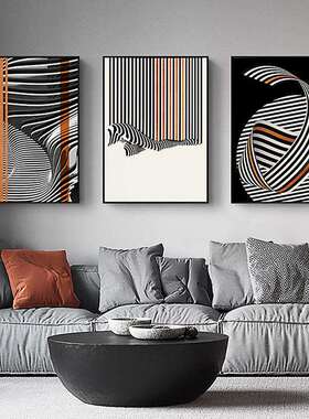 斑纹现代简约橙色抽象线条装饰画黑白灰艺术样板房挂画工作室壁画