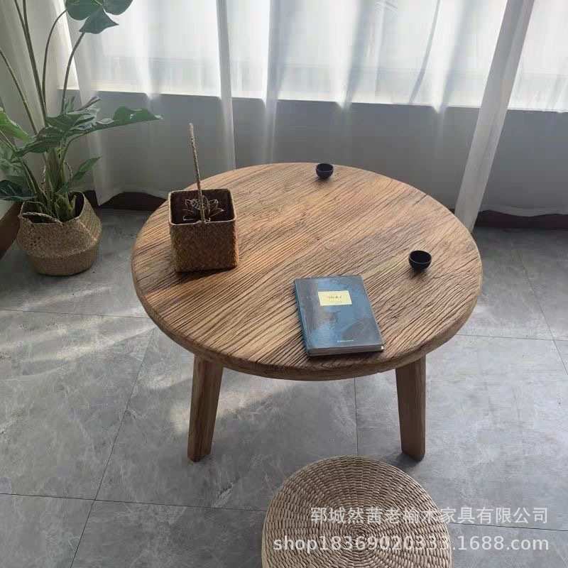 创意老榆木小茶几酒店民宿禅意飘窗喝茶桌圆形方形炕桌实木小茶台