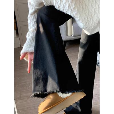 黑色微喇毛边牛仔裤女夏季新款胖妹妹mm高腰弹力显瘦梨形身材裤子