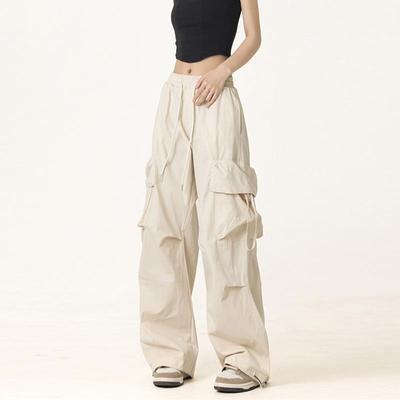 300斤特大码米白色工装裤女夏季胖mm薄款速干女裤宽松休闲伞兵裤