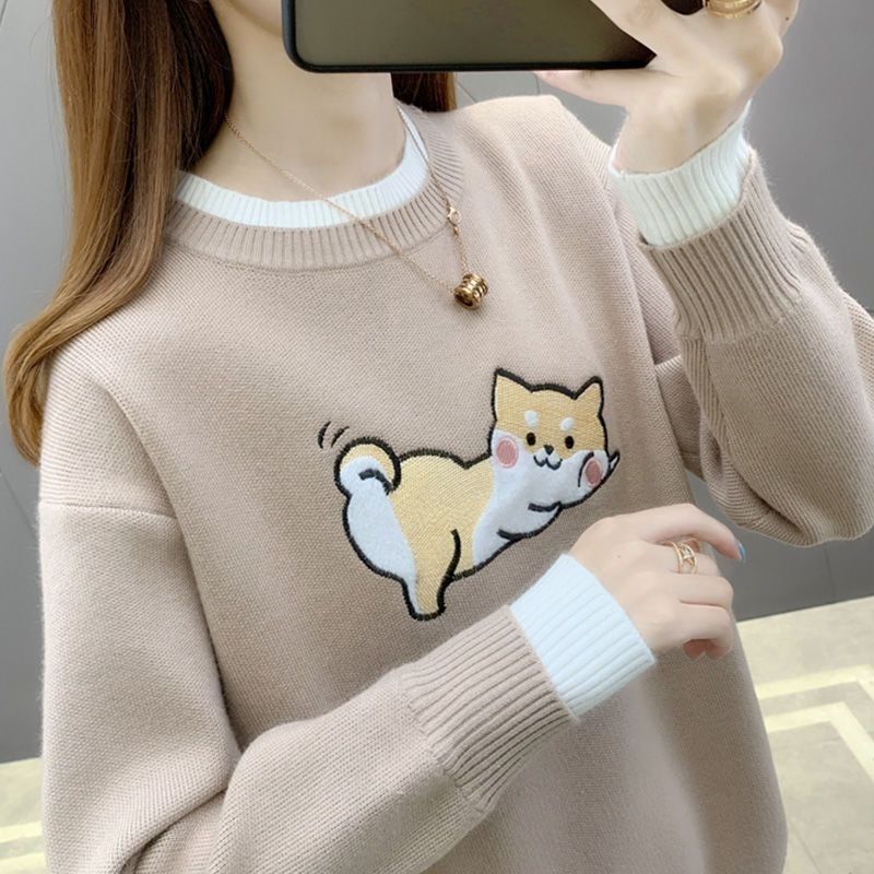 秋冬加绒加厚针织保暖卫衣学生长袖打底衫刺绣宽松大码套头毛衣女