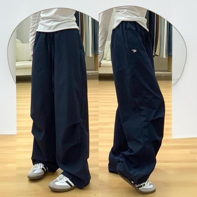 胖mm大码美式复古藏青色工装裤女春季新款高腰显瘦直筒休闲运动裤