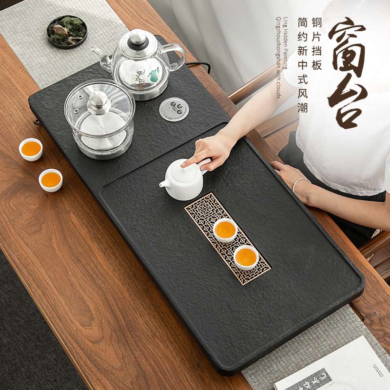 乌金石茶盘火烧石一体烧水壶家用大号排水茶台石头整块简约托盘
