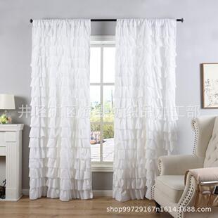 外贸纯色百褶窗帘多层蛋糕裙荷叶花边窗帘卧室阳台飘窗穿杆窗帘