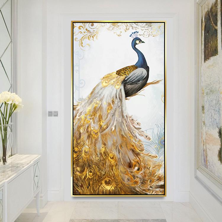 手工油画 招财孔雀装饰画 入户玄关竖画 厂家直销纯手绘